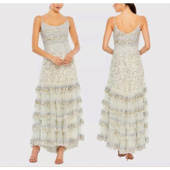 NWT $598 Mac Duggal 10883 Embellished Scoop Neck Tiered Gown in Champagne Sz 12